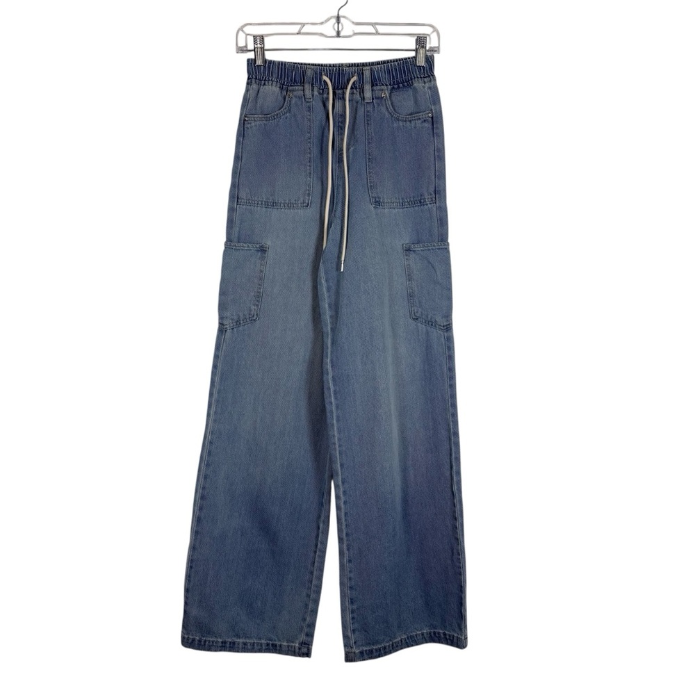 Madden NYC Wide Leg Flare Jeans XXS Light Wash Cargo Drawstring Waist